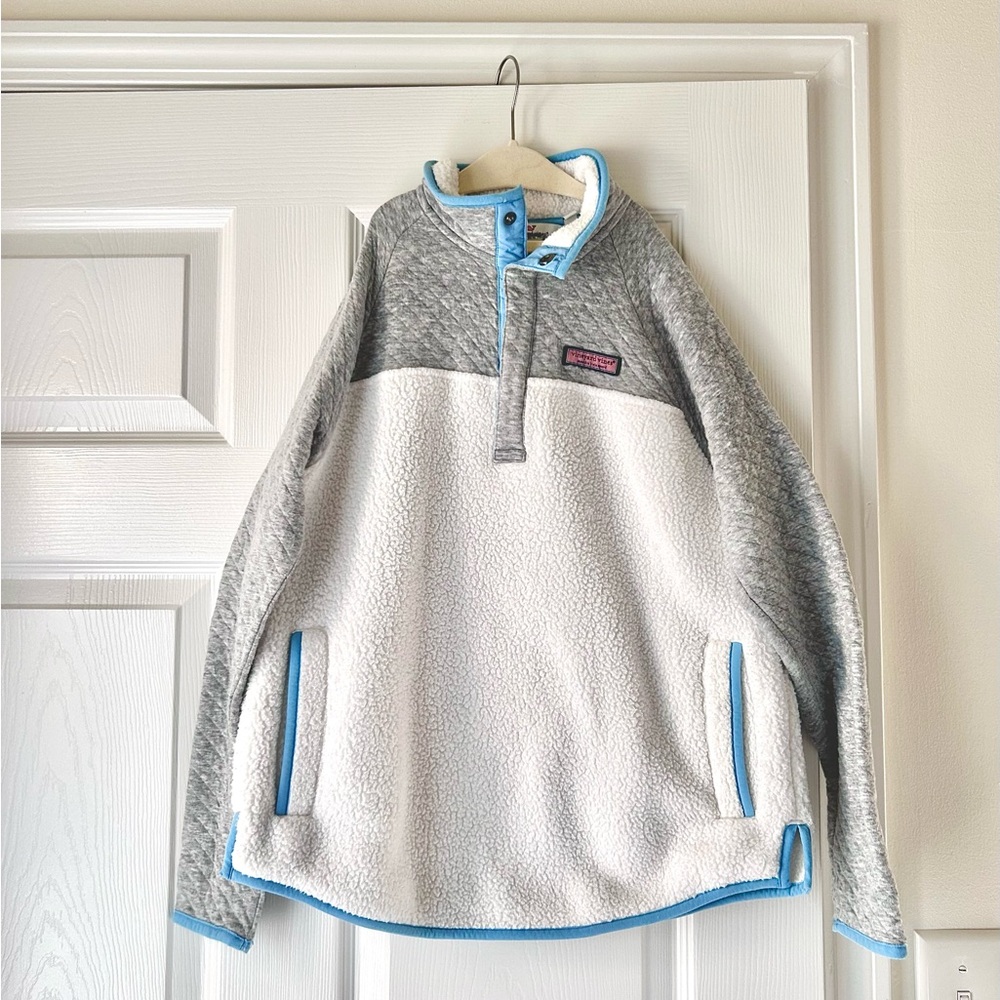Vineyard Vines Gray and White Sherpa Pullover with Light Blue Trim